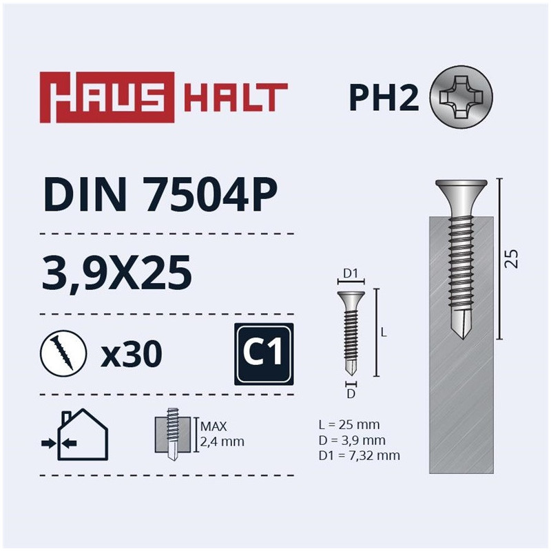 Savisriegiai Haushalt, DIN 7504P, 3,9 x 25 mm, 30 vnt.