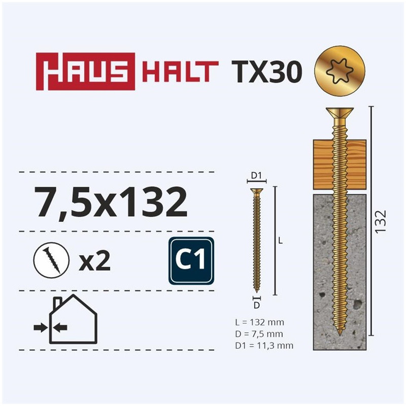 Inkariniai staktų varžtai Haushalt, 7,5 x 132 mm, 2 vnt.