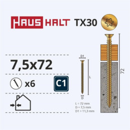 Inkariniai staktų varžtai Haushalt, 7,5 x 72 mm, 6 vnt.