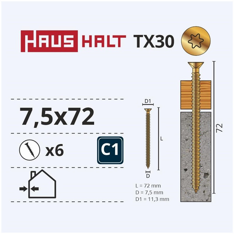 Inkariniai staktų varžtai Haushalt, 7,5 x 72 mm, 6 vnt.