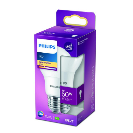 LED lemputė PHILIPS, A60, E27, 8 W, 806 lm, 2700 K