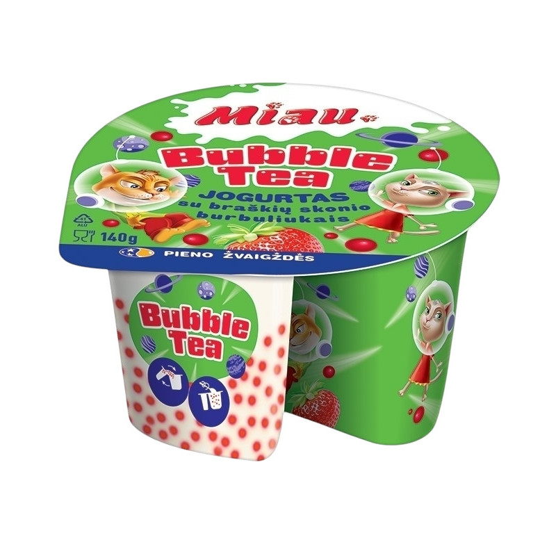 Jogurtas MIAU braškių BUBBLE TEA, 3 % rieb., 140 g