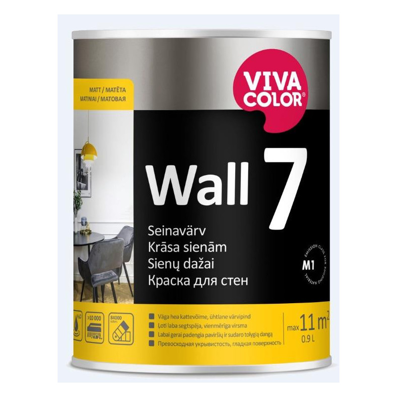 Akriliniai sienų dažai Vivacolor WALL 7 A, balti, 0.9L