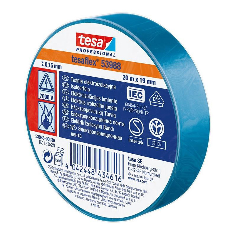 Izoliacinė juosta Tesaflex 53988, mėlyna, 19 mm x 20 m