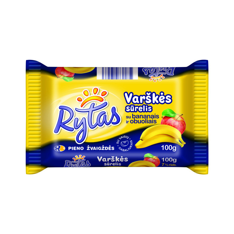 Varškės sūrelis RYTAS su bananais ir obuoliais,7% rieb.,100g