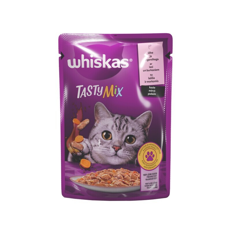 Konserv. kačių ėdalas WHISKAS lašišos sk. su morkomis, 85 g