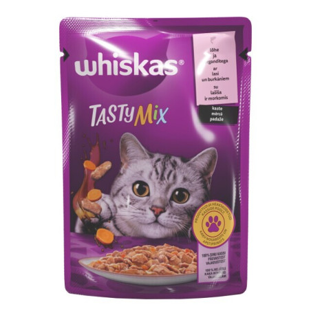 Konserv. kačių ėdalas WHISKAS lašišos sk. su morkomis, 85 g