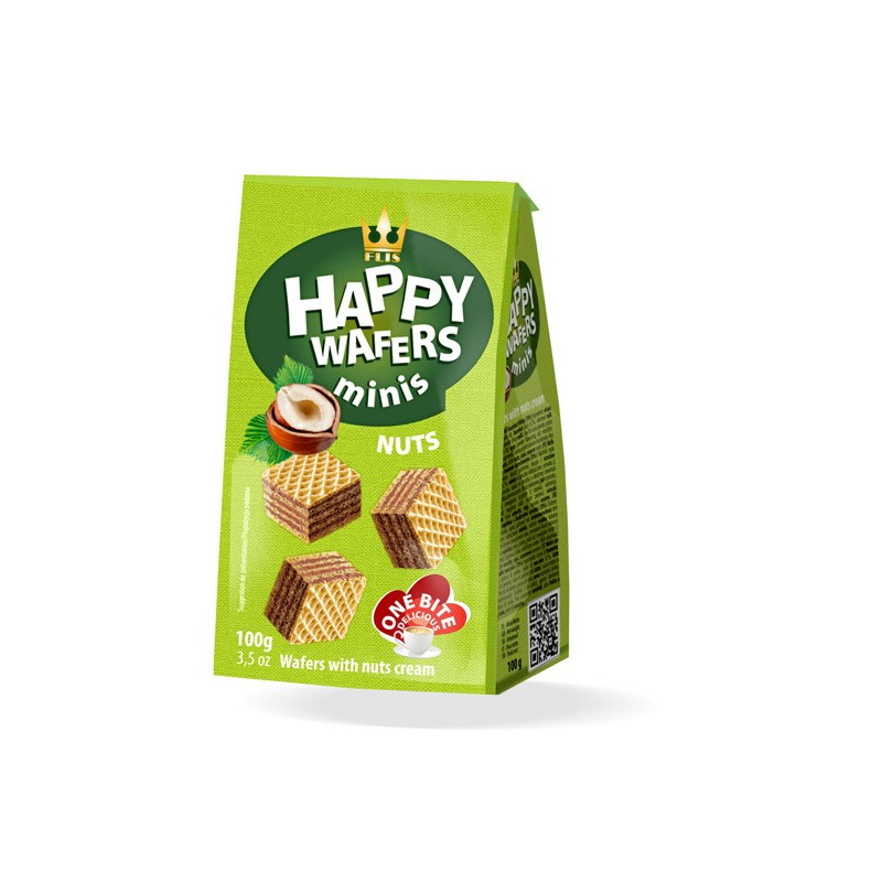 Vafliai HAPPY MINIS su lazdyno riešutų kremu, 100 g