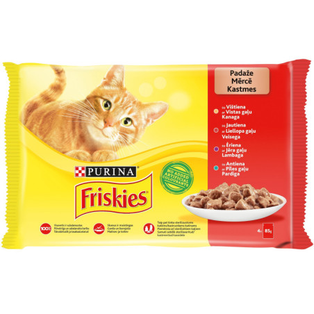 Konservuotas kačių ėdalas su mėsa ir padažu FRISKIES, 4x85 g