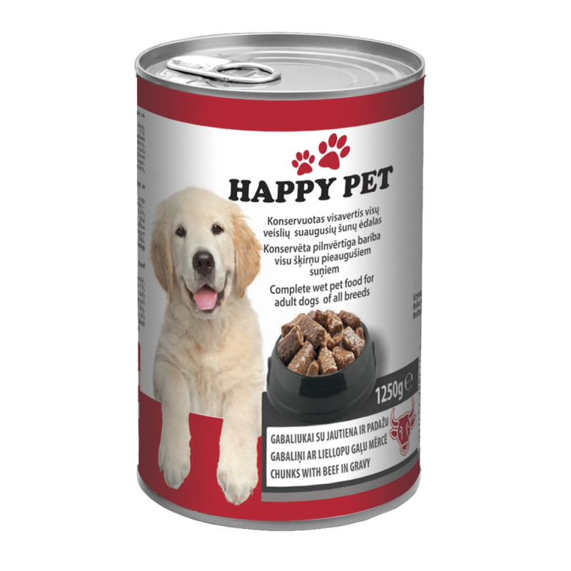 Kons. šunų ėdalas su jautiena HAPPY PET, 1.25 kg