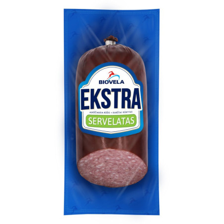 Karštai rūkyta dešra BIOVELA, EKSTRA SERVELATAS, a.r., 400g